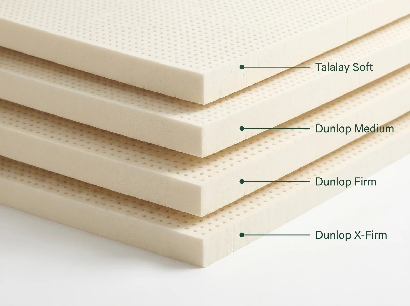 Four natural latex mattress layers labeled Talalay Soft, Dunlop Medium, Dunlop Firm, and Dunlop X-Firm